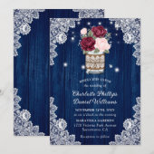 Invitation Marine bleu Bourgogne Blush Lace Mason Jar Mariage (Devant / Derrière)