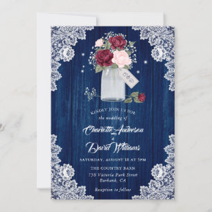 Invitation Marine bleu Bourgogne Blush Lace Mason Jar Mariage