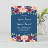 Invitation Marine Bleu Bourgogne Blush Moderne Floral Mariage (Debout devant)