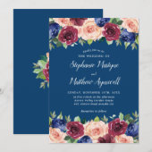Invitation Marine Bleu Bourgogne Blush Moderne Floral Mariage (Devant / Derrière)