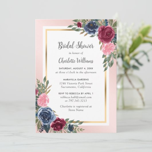 Invitation Marine Bleu Bourgogne Blush or Fête des mariées Fl (Debout devant)