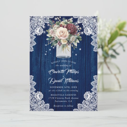 Invitation Marine Bleu Bourgogne Bois Mason Jar Floral Mariag (Debout devant)
