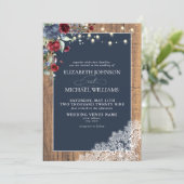 Invitation Marine Bleu Bourgogne Bois Script Dentelle Mariage (Debout devant)
