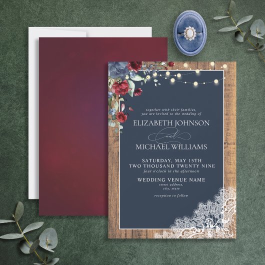 Invitation Marine Bleu Bourgogne Bois Script Dentelle Mariage