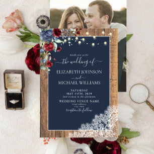 Invitation Marine Bleu Bourgogne Bois Script dentelle Photo M