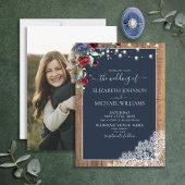 Invitation Marine Bleu Bourgogne Bois Script dentelle Photo M