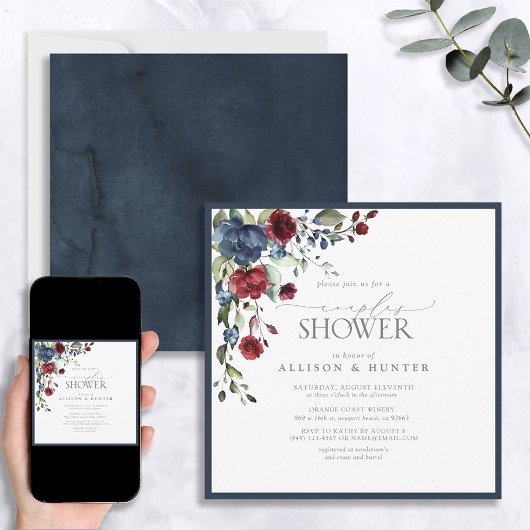 Invitation Marine Bleu Bourgogne Botanique Couples Douche
