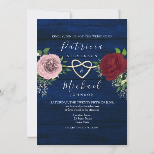 Invitation Marine Bleu Bourgogne et rose Floral Rustique Mari (Devant)
