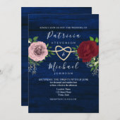 Invitation Marine Bleu Bourgogne et rose Floral Rustique Mari (Devant / Derrière)