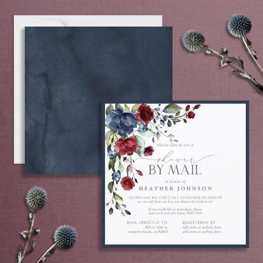 Invitation Marine Bleu Bourgogne Floral Aquarelle Douche Mail