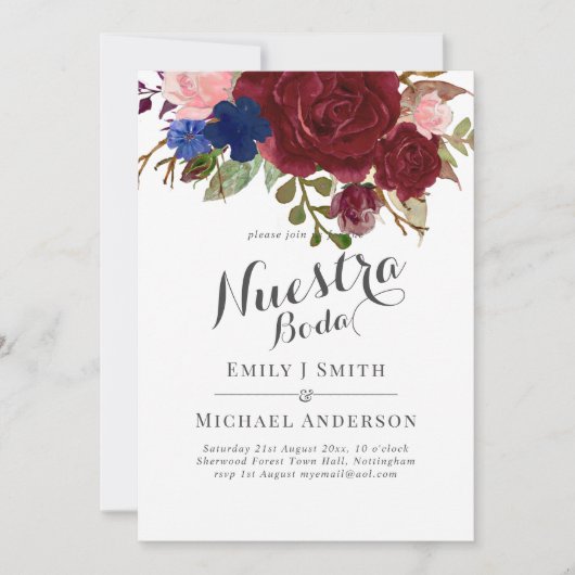 Invitation Marine Bleu Bourgogne Floral Nuestra Boda Espagnol (Devant)