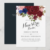 Invitation Marine Bleu Bourgogne Floral Nuestra Boda Espagnol (Devant / Derrière)