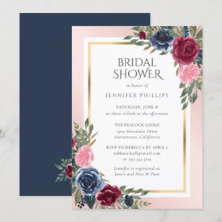 Invitation Marine Bleu Bourgogne Or Blush Floral Fête des mar
