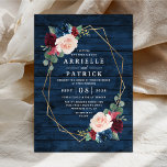 Invitation Marine Bleu Bourgogne Or Blush Mariage campagnard<br><div class="desc">Navy Blue Burgundy Gold Blush Pink Country Wedding Invitations - feature a dark navy blue barn or wood groain background decorated with a printed gold geometric frac that's trimmed with floral and greenery éléments in shades of navy, pink, burgundy and more. View the matching collection on this to find coordinating...</div>