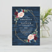 Invitation Marine Bleu Bourgogne Or Blush Mariage campagnard  (Debout devant)