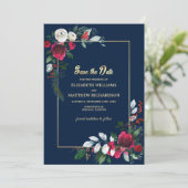 Invitation Marine Bleu Bourgogne or Floral Enregistrer la dat (Debout devant)