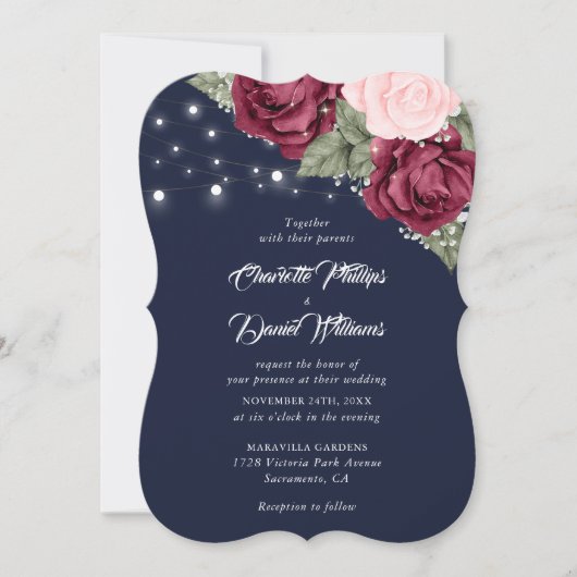 Invitation Marine Bleu Bourgogne Rose Baby's Breath Mariage (Devant)