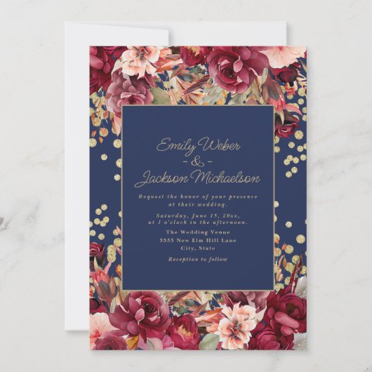 Invitation Marine Bleu Bourgogne rose Floral Parties scintill (Devant)