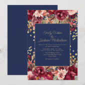 Invitation Marine Bleu Bourgogne rose Floral Parties scintill (Devant / Derrière)