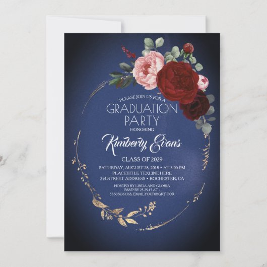 Invitation Marine Bleu Bourgogne Rouge et or Floral Graduatio (Devant)