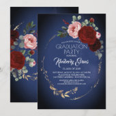 Invitation Marine Bleu Bourgogne Rouge et or Floral Graduatio (Devant / Derrière)