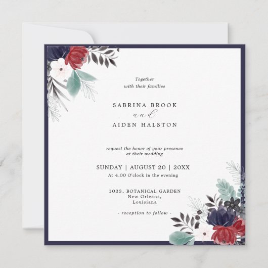 Invitation Marine Bleu Bourgogne Rouge Gothique Floral Mariag (Devant)