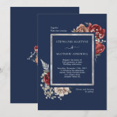 Invitation Marine Bleu Bourgogne Rouge Rose Mariage botanique (Devant / Derrière)