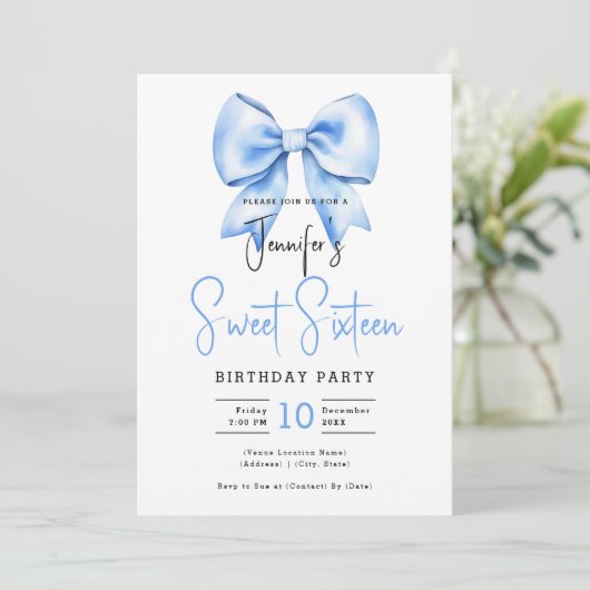 Invitation Marine Bleu Bow Coquette Cute Script Sweet 16 (Debout devant)