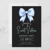 Invitation Marine Bleu Bow Coquette Script Sweet 16 Noir (Devant)