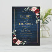 Invitation Marine Bleu Brousse Bourgogne Or Mariage géométriq (Debout devant)