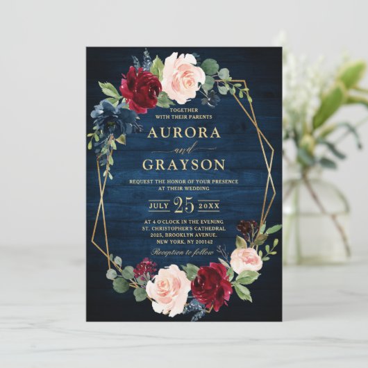 Invitation Marine Bleu Brousse Bourgogne Or Mariage géométriq (Debout devant)