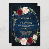 Invitation Marine Bleu Brousse Bourgogne Or Mariage géométriq (Devant / Derrière)