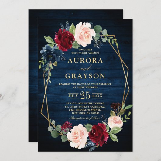 Invitation Marine Bleu Brousse Bourgogne Or Mariage géométriq (Devant / Derrière)