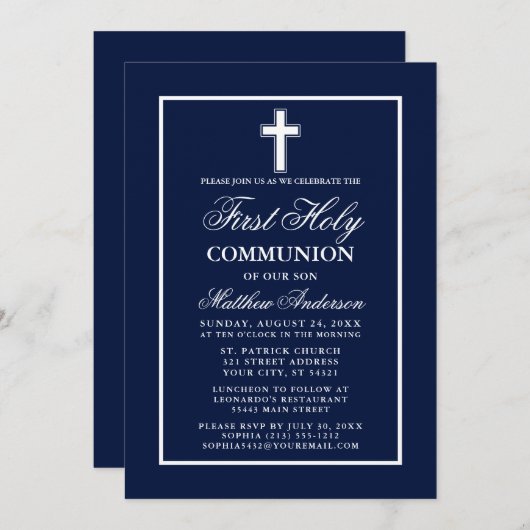 Invitation Marine Bleu Cadre Blanc Première Communion Sainte (Devant / Derrière)