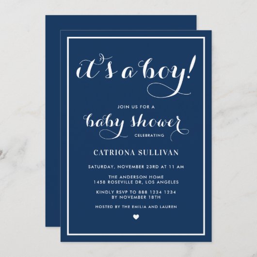 Invitation Marine Bleu C'est un garçon Script Baby shower nau (Devant / Derrière)