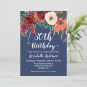 Invitation Marine Bleu Corail Bourgogne Floral Script Anniver (Debout devant)