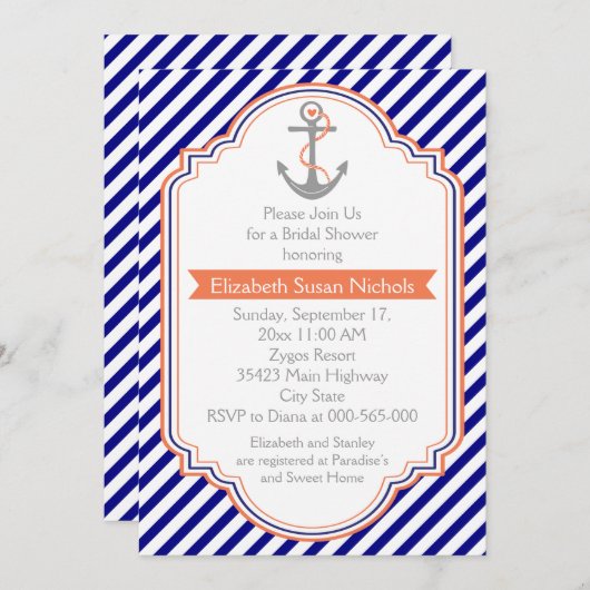 Invitation Marine bleu, corail nautique mariage douche nuptia (Devant / Derrière)