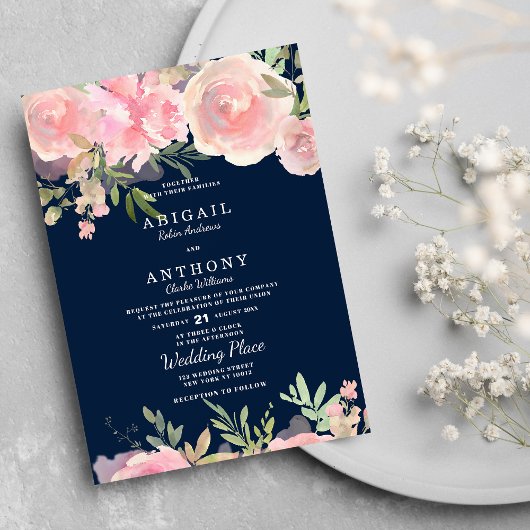 Invitation Marine bleu corail rose vert rose Mariage floral