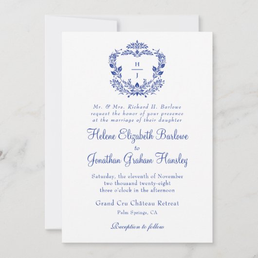 Invitation Marine Bleu Crest Mariage formel élégant (Devant)