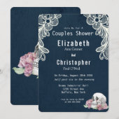 Invitation Marine bleu dentelle crâne rose roses Couples Douc (Devant / Derrière)