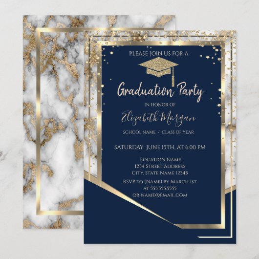 Invitation Marine Bleu Diamants Or Casquette marbre gradué (Devant / Derrière)