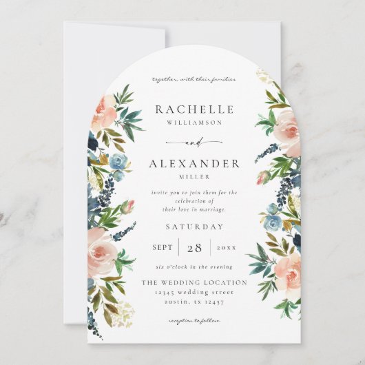 Invitation Marine, bleu Dusty et rose Mariage floral V2 Arc (Devant)