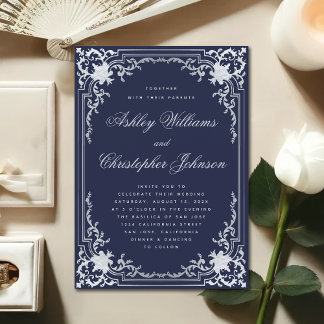 Invitation Marine Bleu Élégant Faux Argent Vintage Mariage