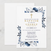 Invitation Marine Bleu Élégant Floral Botanique Moderne Baptê (Devant / Derrière)