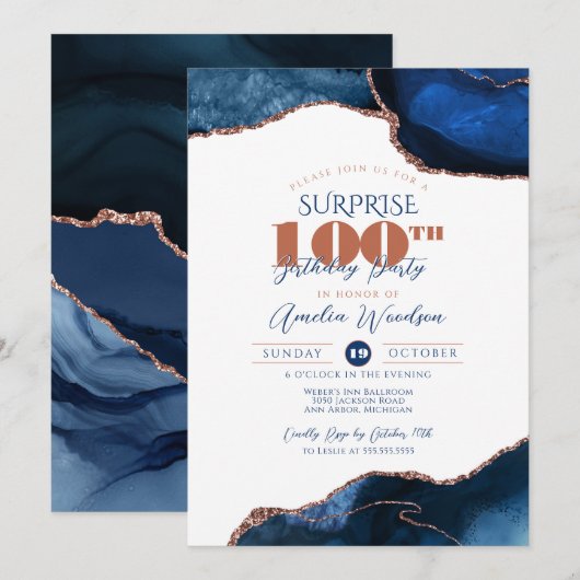 Invitation Marine Bleu Élégant Surprise Adulte 100e anniversa (Devant / Derrière)
