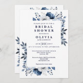 Invitation Marine Bleu Élégante Fête des mariées florale Code (Devant / Derrière)