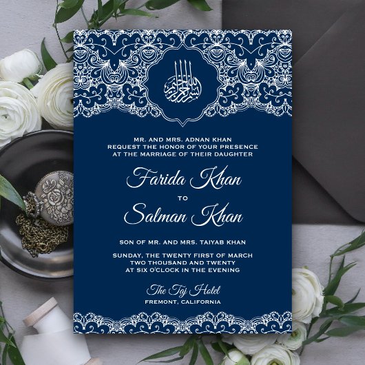 Invitation Marine bleu et blanc dentelle islamique Mariage mu