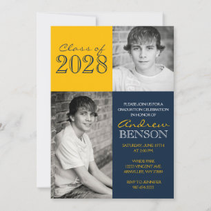 Invitation Marine Bleu et Gold Classic 2 Photo Graduation