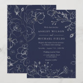Invitation Marine bleu et gris argenté Floral Mariage moderne (Devant / Derrière)