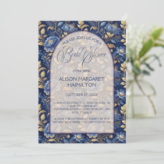 Invitation Marine Bleu et or Elegant Fête des mariées florale (Debout devant)